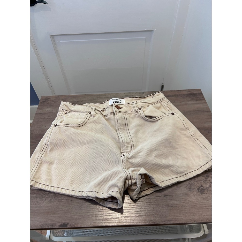 Reformation Jean Shorts Womens 28 Cream Cowboy High Rise Contrast Stitch Denim